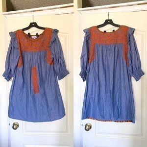 Mi Golondrina Blue Mini Dress with Orange Embroidery